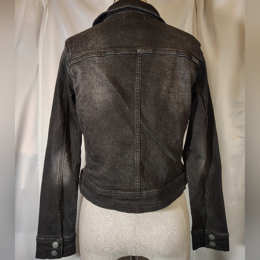 Prana Denim Crop Jacket, Black Distressed Jean  Pockets,Collar,BttnUp,Stretch,XS - Picture 6 of 8